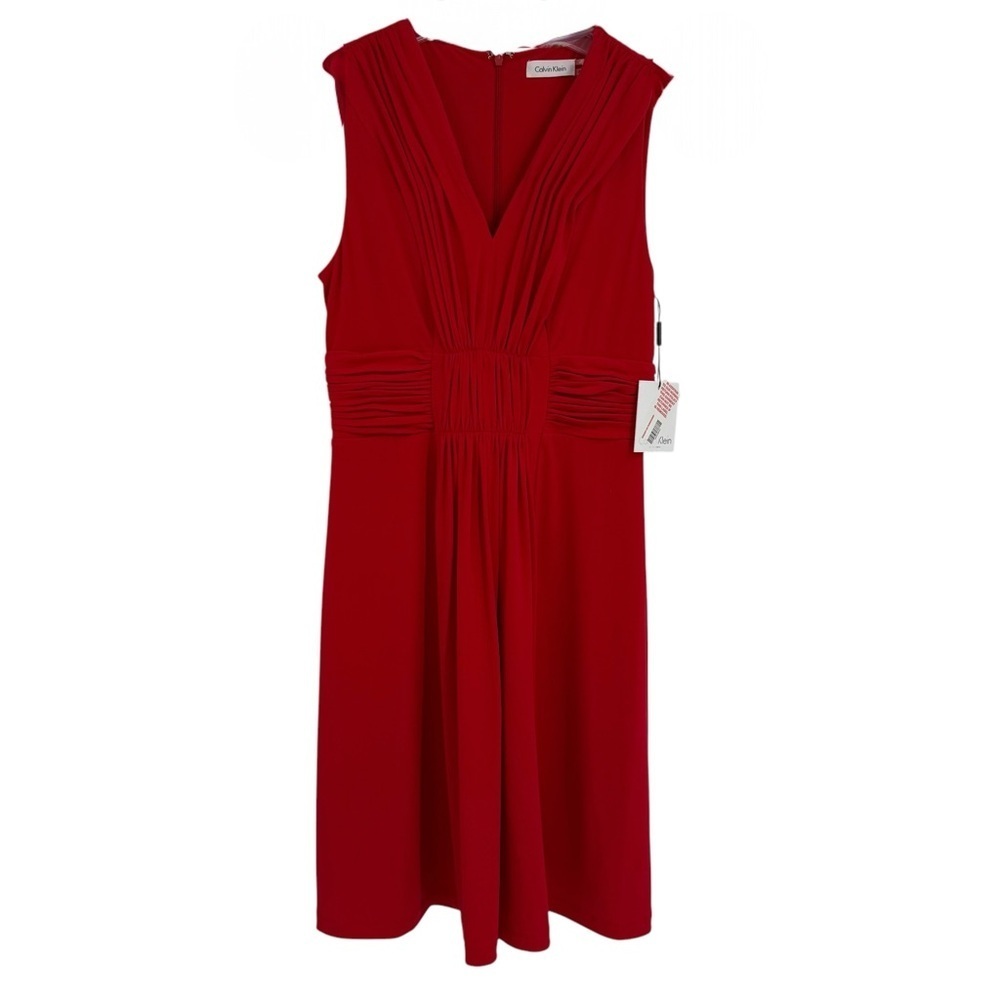 Calvin Klein NWT Dress Women Size 4 Red Sleeveless Ruched Front A-line Stretch